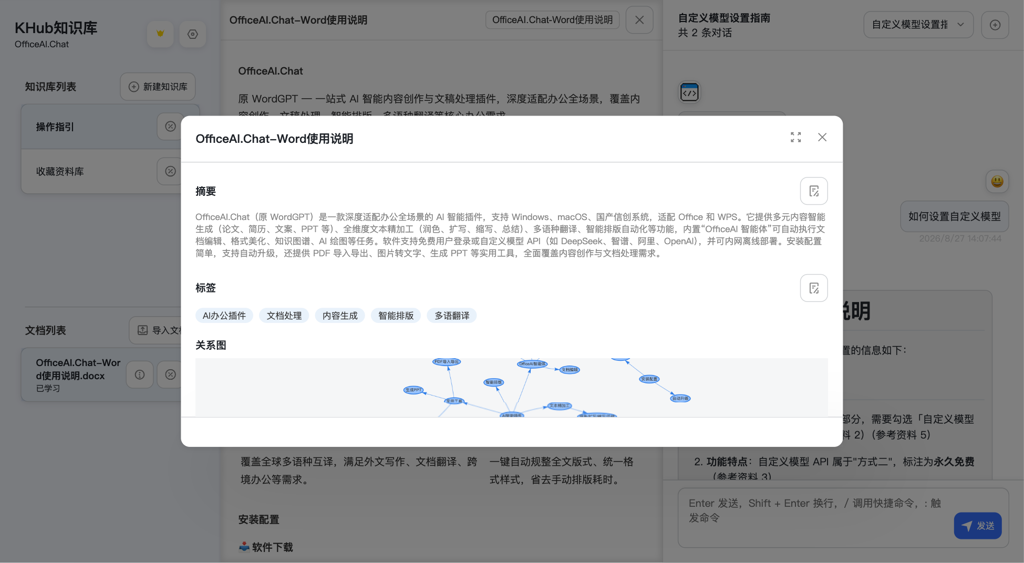 文档详情弹窗（摘要/标签/关系图）